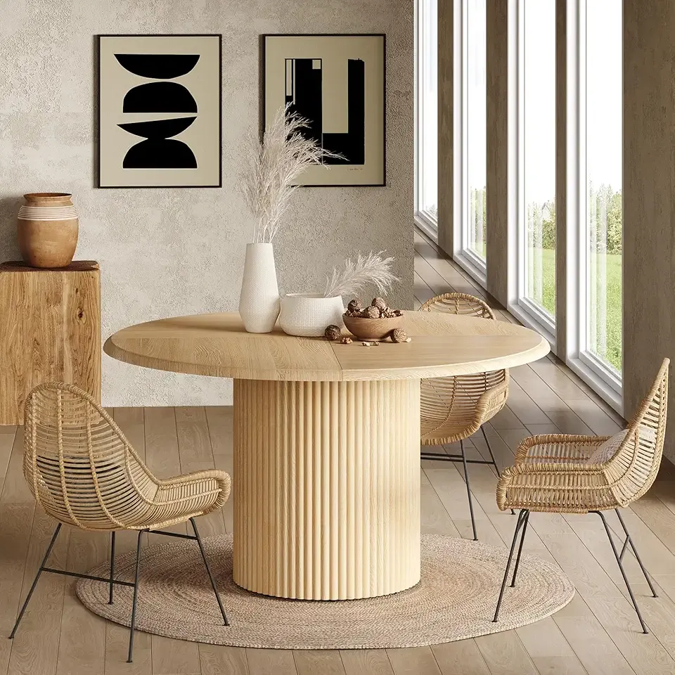 LITTLE TREE 47 Inches Round Dining Table for 4, Farmhouse Natural Wooden Dining Room Table with Heavy Duty Fluted Pedestal, Large Circle Kitchen Dinner Table for Dining Room, Living Room (Table Only)