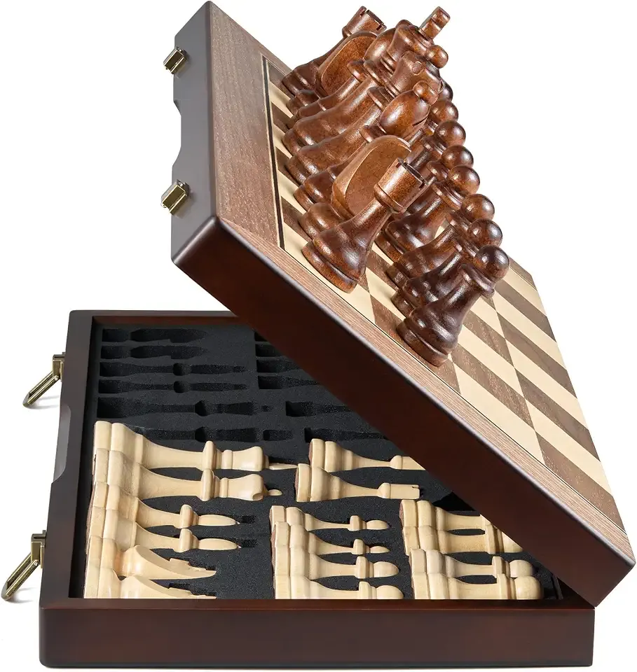 AMEROUS 17'' Magnetic Wooden Chess Set for Adults Kids - with Folding Board, Gift Package, Pieces Storage Slots, Handmade Pieces,Chess Board Game Set for Tournament Professional Beginner