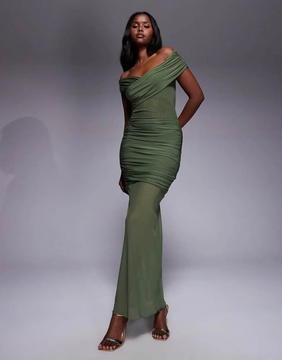 Kaiia exclusive double layered slinky off shoulder sheer mesh hem maxi dress in olive