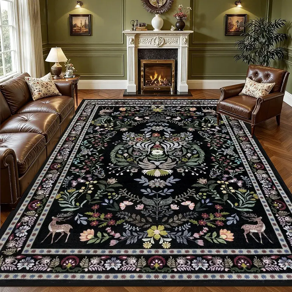 8x10 Area Rugs Living Room Rug: Vintage Washable Rug Floral Soft Carpet Indoor Floor Non-Slip Boho Stain Resistant Large Carpets for Bedroom Kids Nursery Dining Room Farmhouse Home Office Black