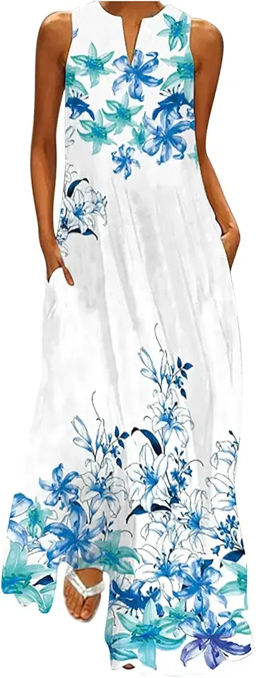 Womens Boho Floral Maxi Dresses Floral Flowy Long Dresses Sleeveless Sun Dress Casual Summer Trendy Outfits 2024