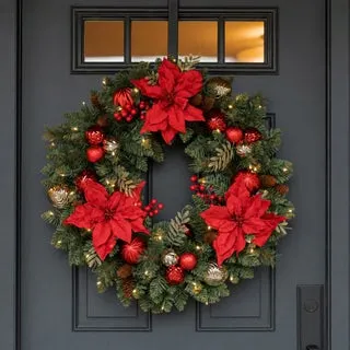 30" Pre-Lit LED with Twinkle Poinsettia Artificial Wreath