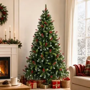 Arbol de Navidad Pino Nevado 210cm con Adorno de Piña Frutos Rojos y Nieve