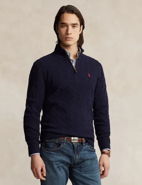 Cable-Knit Wool-Cashmere Quarter-Zip Jumper Hunter Navy