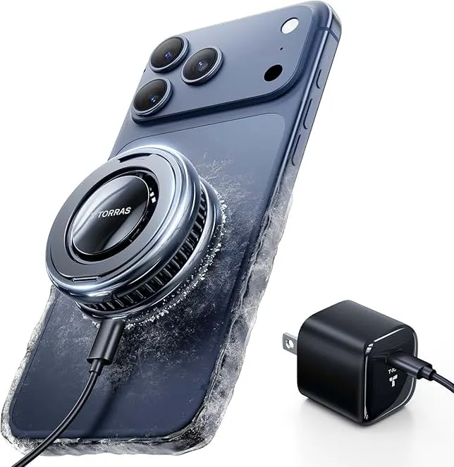 TORRAS PolarCircle Qi2.2 Wireless Charger, 25W Cooling Magnetic Pad for Samsung Galaxy S26/S25, Wireless Charger for iPhone 17/16 with 360°Spin Stand, Semiconductor Phone Cooler, with 45W IceNano Plug