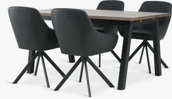 SKOVLUNDE + ROSTRUP SKOVLUNDE L160 tafel donker eik + 4 ROSTRUP stoelen zwart