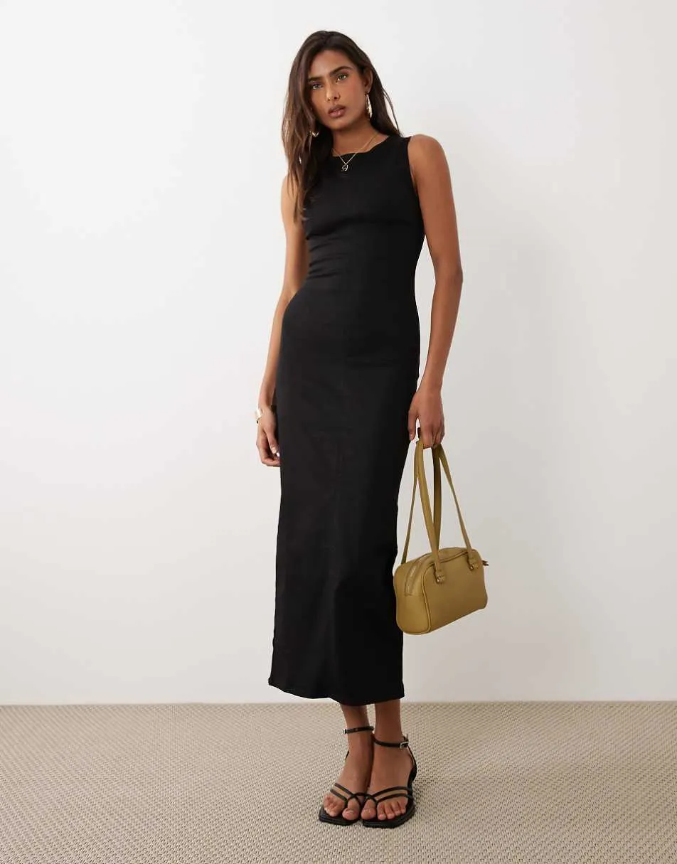 ASOS DESIGN denim bodycon slash neck midi dress in black