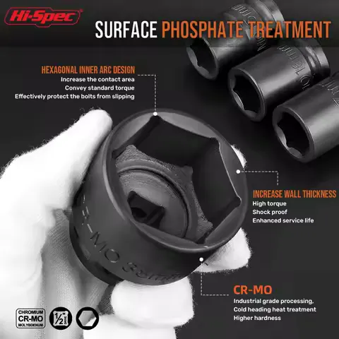 Hi-Spec 1/2" Drive Impact Socket Set Impact Wrench Sockets Cr-mo Hex Sockets CR-V ​Large Size Socket Nut Removal Hand Tools