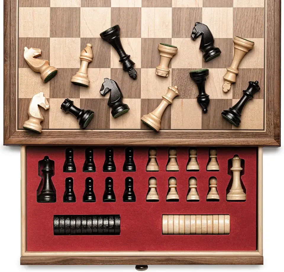 A&A 15 inch Walnut Wooden Chess Set with Storage Drawer, Triple Weighted Pieces, 3.0 inch King Height, Walnut & Maple Inlay, 2 Extra Queen, Classic 2 in 1 Chess and Checkers Board Game