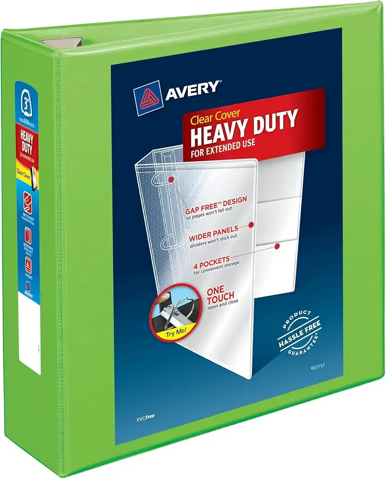 Avery Heavy-Duty View 3 Ring Binder, 3" One Touch EZD Rings, 670-Sheet Capacity, 3.5 Inch Wide Spine, Great for Home, School Supplies, Office, or Organization Needs, 1 Chartreuse Binder (79779)