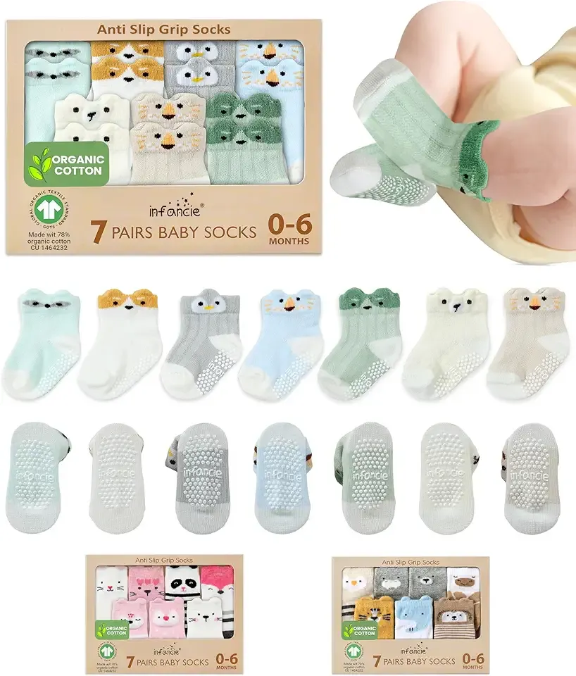 Organic Cotton GOTS Certified Non-Slip Baby Socks 0-6 Months - 7 Pairs Soft Breathable Newborn Socks Animal Design For Infant