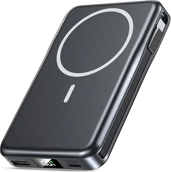 Magnetic Portable Charger, 10000mAh Power Bank, 5 in 1 Portable Charger with Built in Cable, 20W Fast Charging for Magsafe Battery Pack Compatible with iPhone 17/16/15/14/13/12 Pro/Pro Max-Black