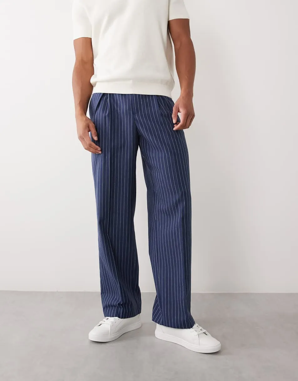 ASOS DESIGN linen smart pleated wide leg trousers in navy pinstripe