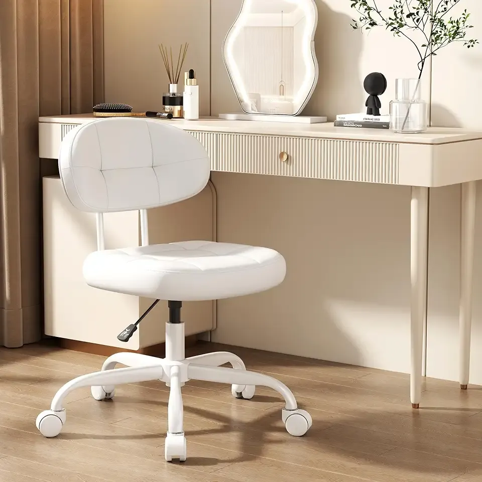 Vanity Chair with Back, Small Armless Cute office Chair with wheels and Lumbar support, Comfy PU Leather Desk Computer Chairs with Adjustable Height, 360°Swivel for Home Bedroom Office, White