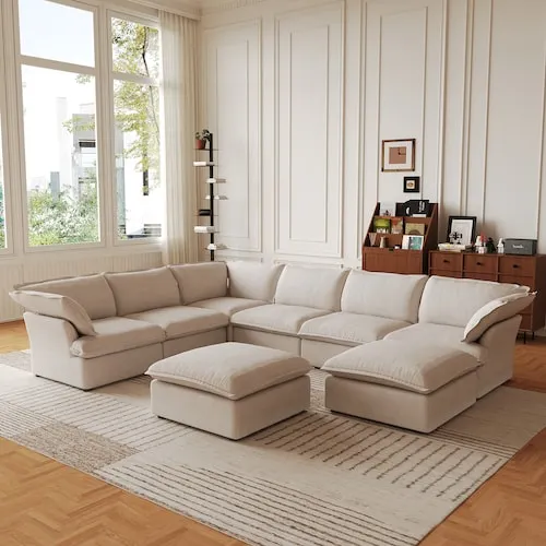 Large 163 in. 8-Piece Modular Cloud Sectional Sofa with 2 Storage Ottomans Washable Covers in. Beige