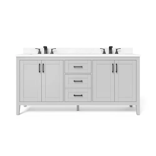 Ellia 72-inch W x 20-inch D 4-Door & 3-Drawer Grey Wood Bathroom Vanity Double Undermount Sinks with White Engineered Stone Top