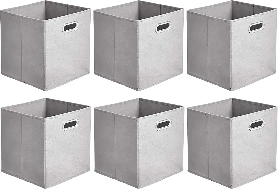 Amazon Basics Collapsible Cube Storage Organizer Bins, 6-Pack, 10.5 x 10.5 x 11 inches, Light Grey