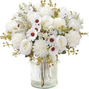 Set de 4 ramos de rosas artificiales, 33 cm, rosas de seda realistas, para decoración de mesa, cocina y hogar, blancas