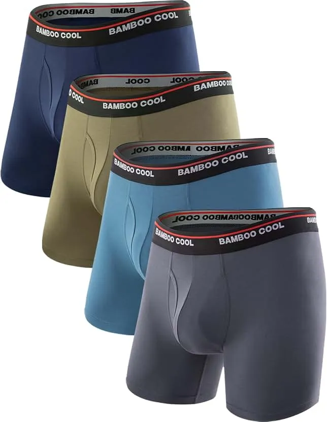 BAMBOO COOL Men's Underwear Boxer Briefs Fly with Built-in 3D Pouch Comfortable Cool Underwear for Men 4 Pack