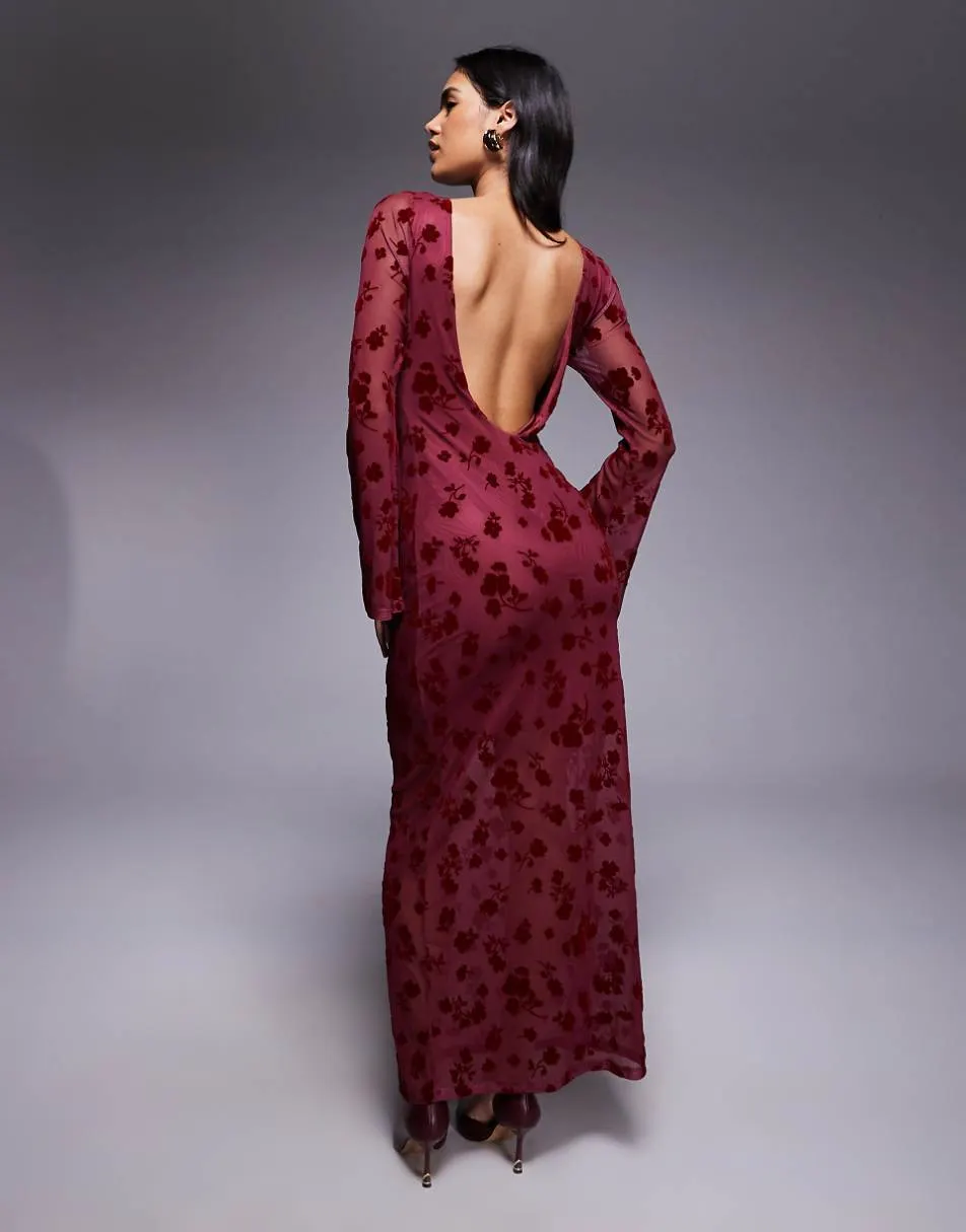 ASOS DESIGN floral flock maxi dress with flute sleeve detail in burgundy