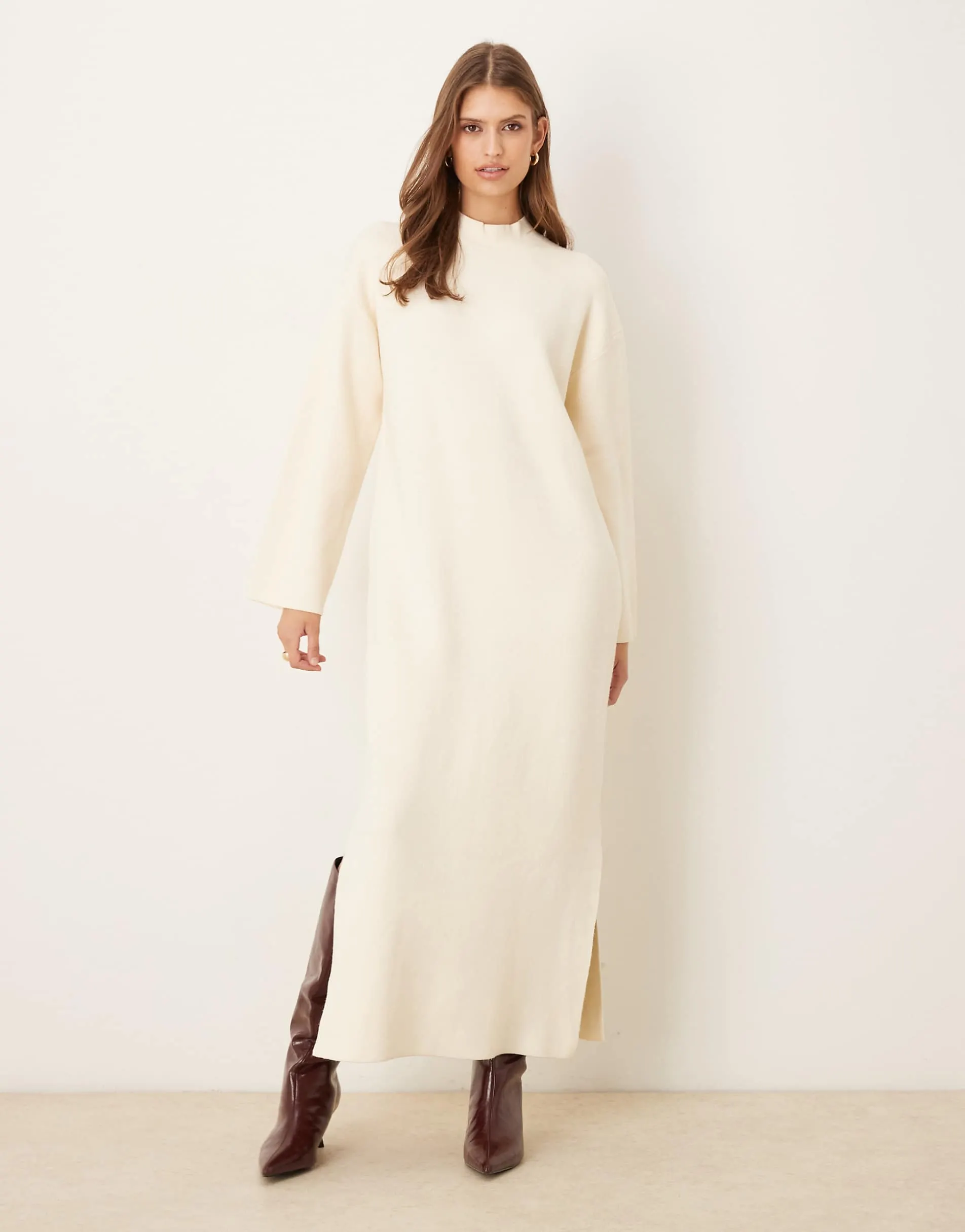 YAS stand neck knitted maxi dress in cream
