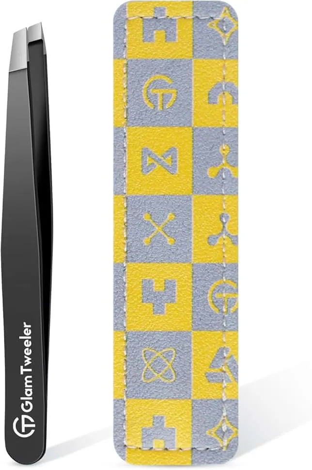 Expert Slant Tip Tweezers with Leather Case, GlamTweeler Sharp & Precision Stainless Steel Tweezer for Eyebrows, Facial Hair and Fine Hairs Removal (Black)