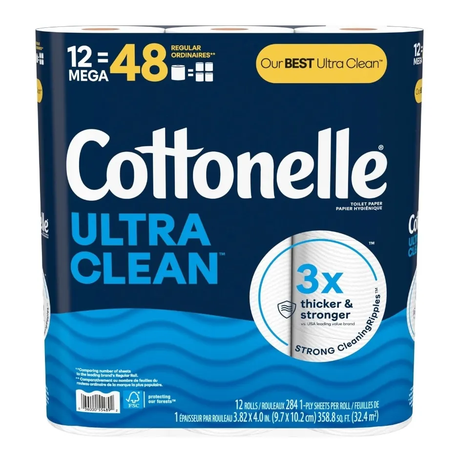 Cottonelle Ultra Clean Toilet Paper, Strong Toilet Tissue, 12 Mega Rolls (12 Mega Rolls = 48 Regular Rolls), 284 Sheets Per Roll