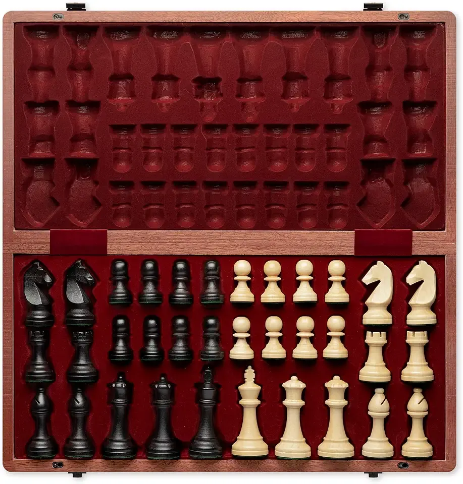 A&A Premium Folding Chess Set, 19" Wooden Board & 3.75" King Height Staunton Pieces with 2 Extra Queens, Portable Travel Game Set (Natural Mahogany, 19 Inches)