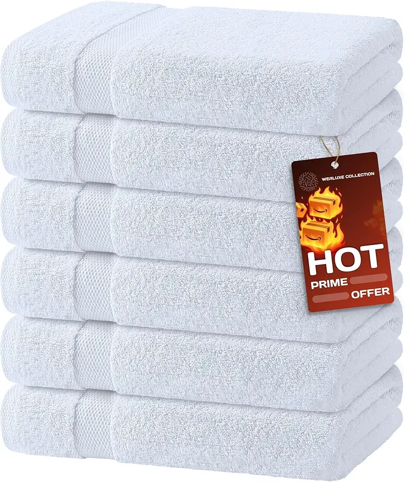 Wealuxe White Bath Towels 24x50 Inch, 6 Pack - Extra Absorbent Cotton Towel Set for Bathroom
