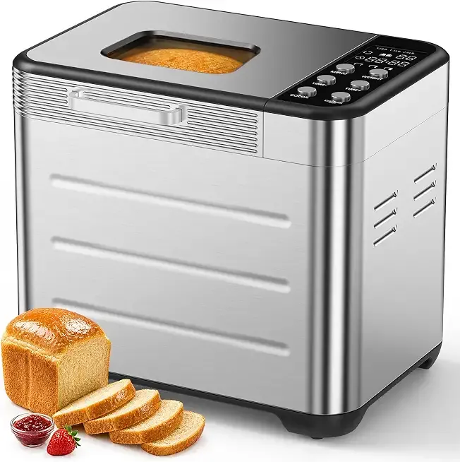 OLIXIS Bread Maker, 21-IN-1 Bread Machine, 2LB Automatic Stainless Steel | Non-stick, 360° Powerful Circulation Baking, Smart Touch Panel, 3 Loaf Sizes & 3 Crust Colors, 650W, Easy Clean