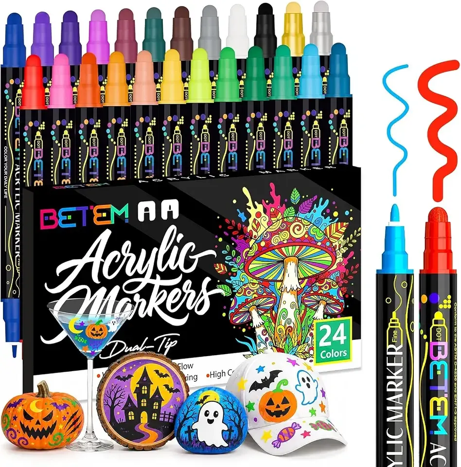Betem 24 Colors Dual Tip Acrylic Paint Markers, Fabric Decorating Kits