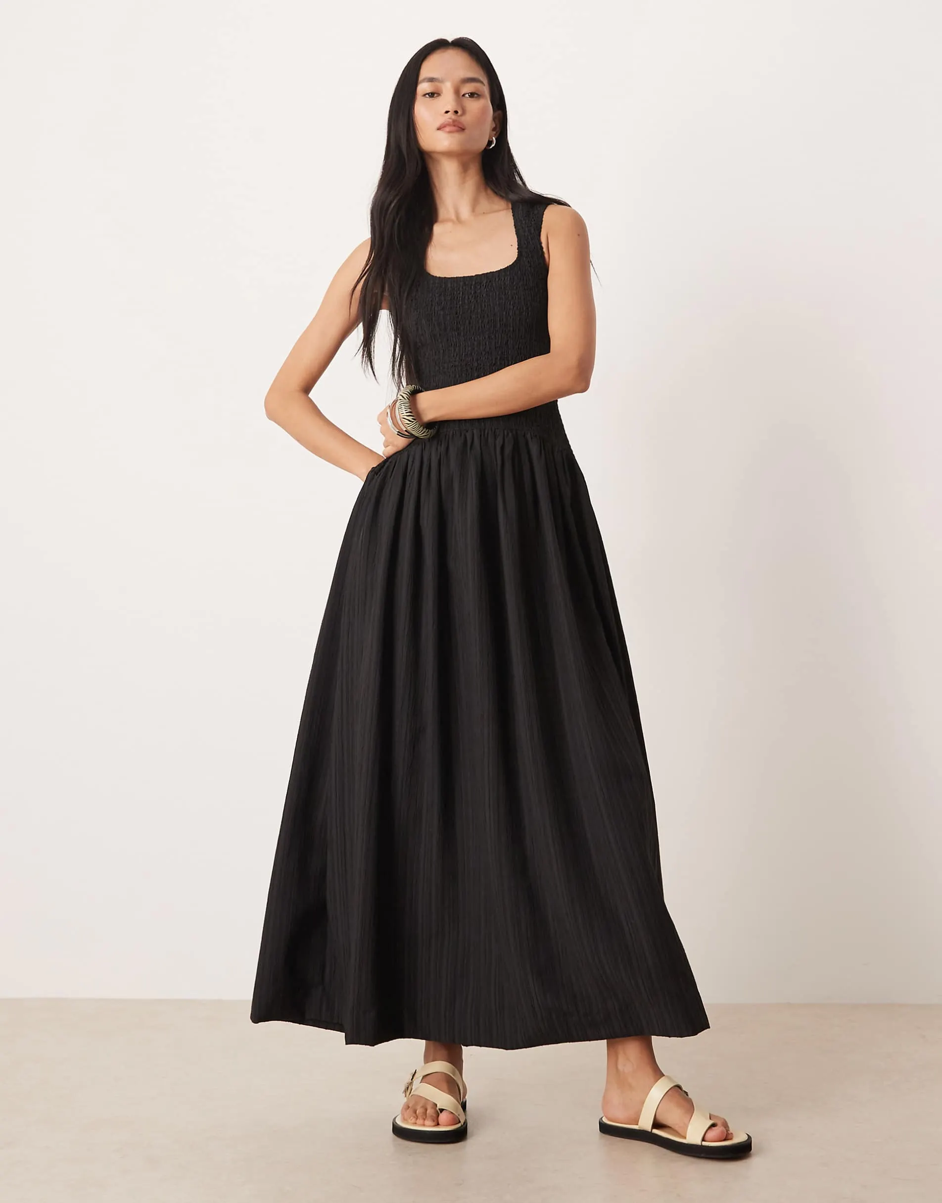 ASOS DESIGN crinkle scoop neck maxi sundress with shirred waist in black