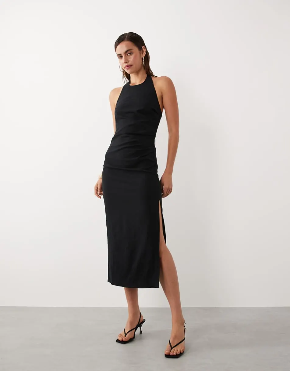Mango starring Hailey Bieber halterneck maxi dress with side split in black