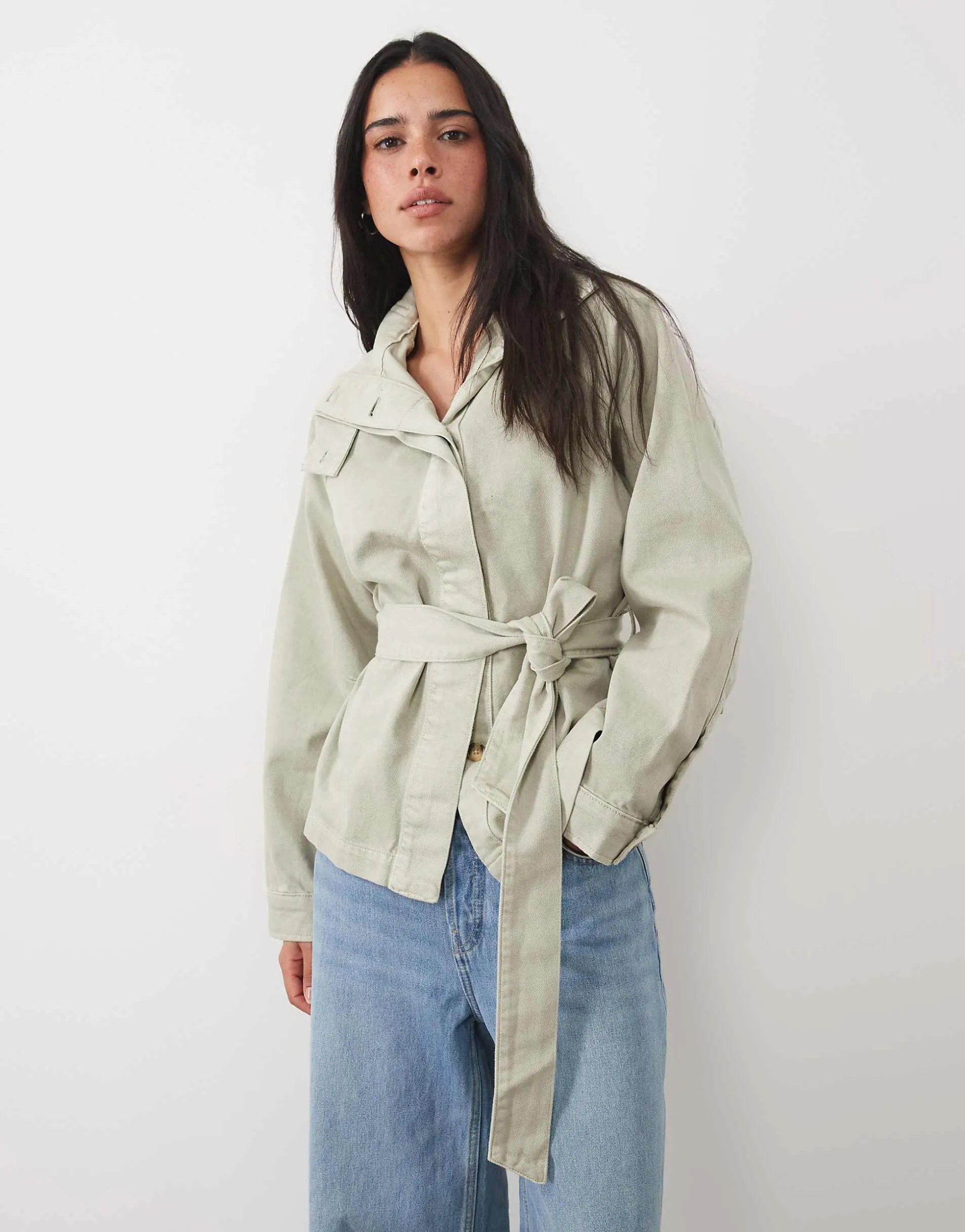 4th & Reckless twill denim funnel neck tie waist detail jacket co-ord in green