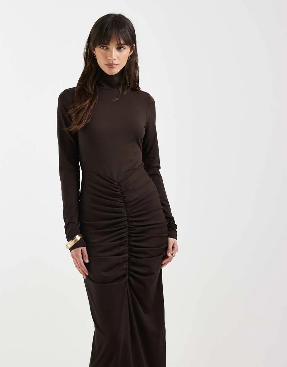 ASOS DESIGN long sleeve high neck ruched front maxi dress in brown