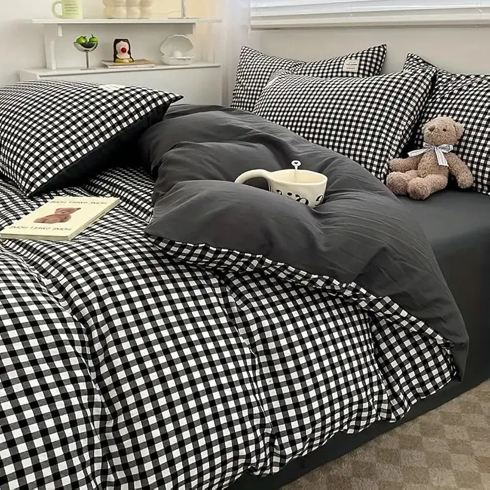 Gingham Duvet Cover Queen Size 3pcs Black White Plaid Checkered Comforter Cover Modern Farmhouse Grid Reversible Bedding Set Soft Breathable Washed Microfiber Duvet Covers with Zipper Ties