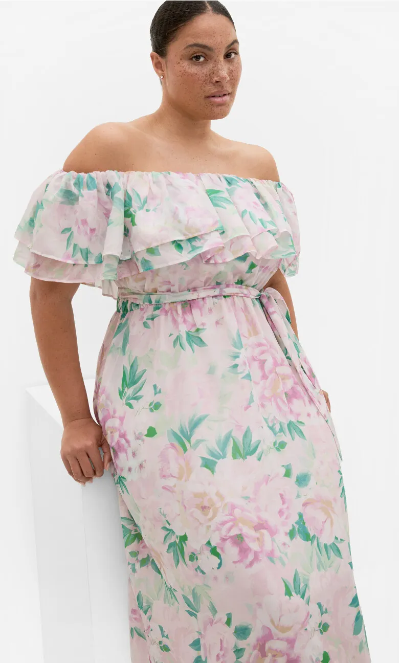 Poetic Floral Print Off Shoulder Maxi Dress - soft pink