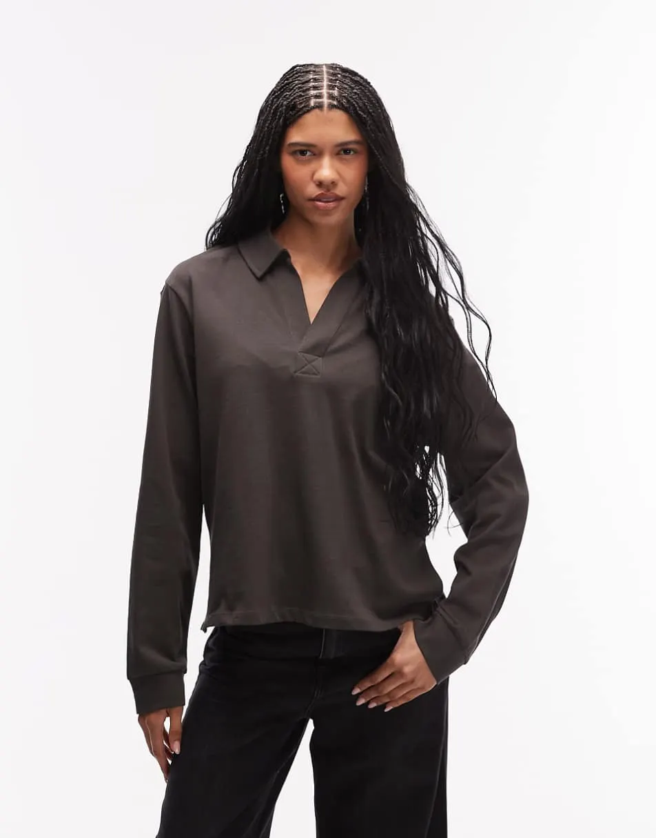 ASOS DESIGN rugby collar long sleeve tee in charcoal