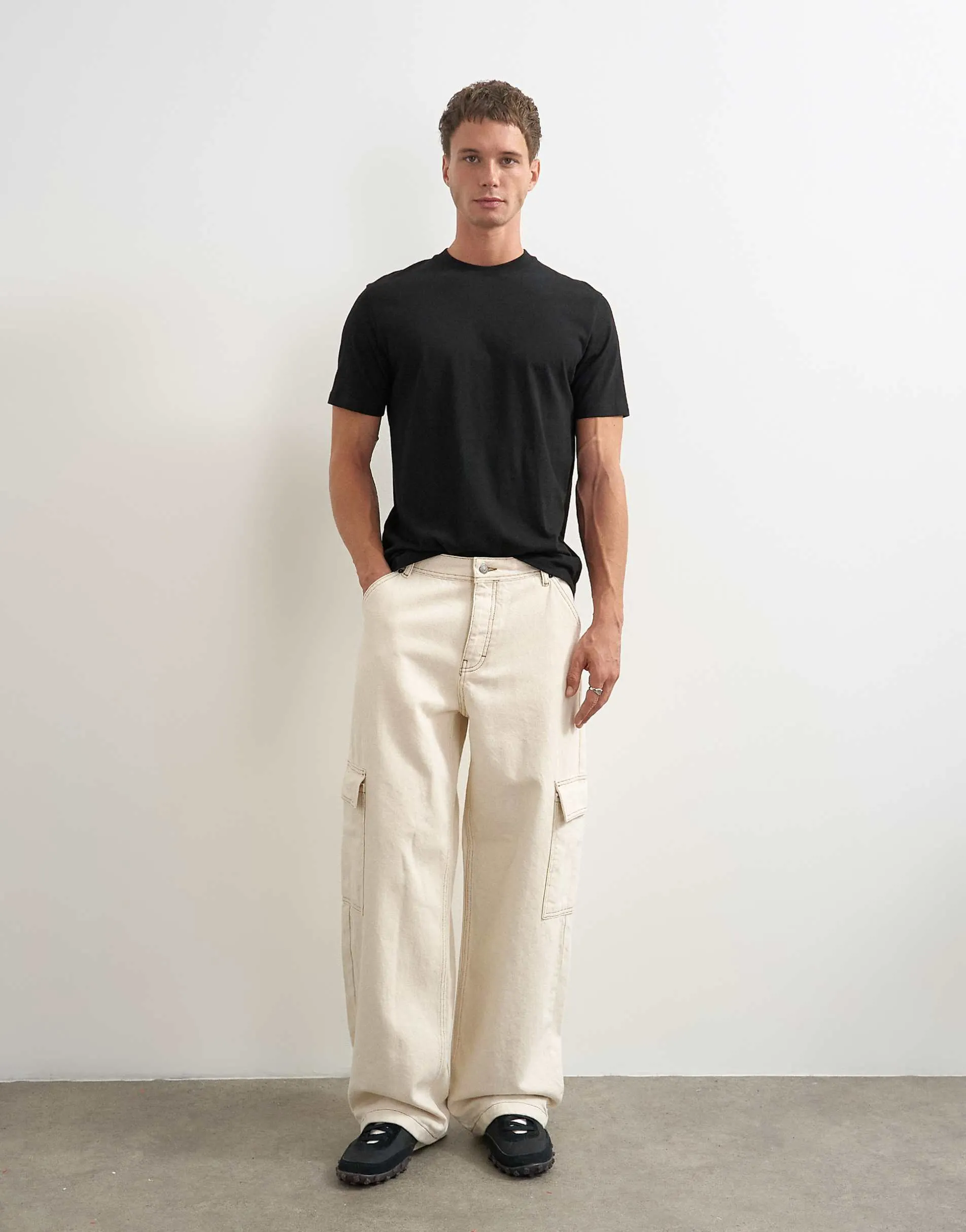 Topman rigid baggy fit jean with side pockets in natural