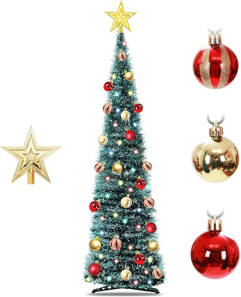 6FT Pop-Up Christmas Trees with Lights: Christmas Trees with 100 LED Lights - Collapsible Christmas Tinsel Trees Christmas Decorate for Home Apartment Room Holiday Party Inside Outside (Peacock Blue)