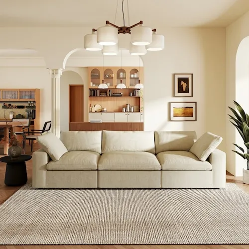 Magic Home Minimalist 118 in. Square Arm Down Filled Linen 3-Piece Cloud Modular Sectional Sofa Couch in Khaki with Removable Cover