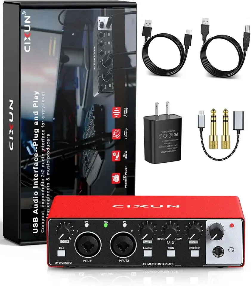 CIXUN 2x2 USB-C Audio Interface for PC/Mac Recording, 24-bit/192kHz, Dual TS/XLR Inputs, +48V Phantom Power, Studio/Podcast/Streaming(Matte Red)