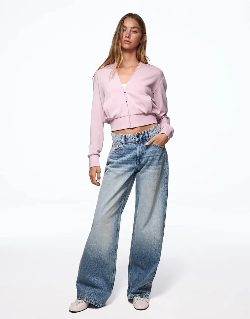 Bershka Zip-up hoodie in light pink