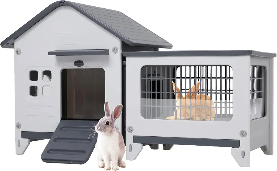 Rabbit Hutch Indoor & Outdoor with Extended Play Area, Plastic Rabbit Hutch with Sloped Roof Drainage, Panoramic Windows, Urine Barrier & Pull-Out Tray, Rabbit Cage with Run Easy to Clean and Assemble