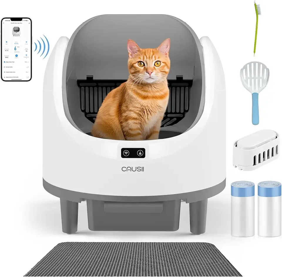 Open-Top Automatic Litter Box, Self-Cleaning Cat Litter Box Large Capacity for Multiple Cats, Anti-Pinch Safety/Odor Control/Quiet/App Control,with Litter Mat,2 RollsTrash Bags