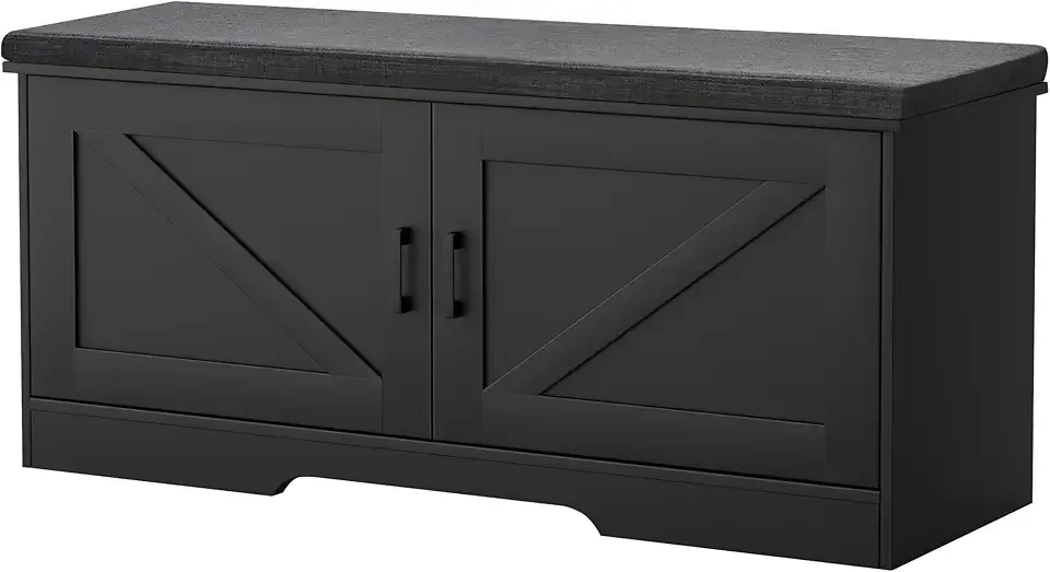 2-Tier Storage Bench, 39.4" Wide Shoe Bench with Padded Seat Cushion, Entryway Bench with 2 Barn Doors and Adjustable Shelf, Black
