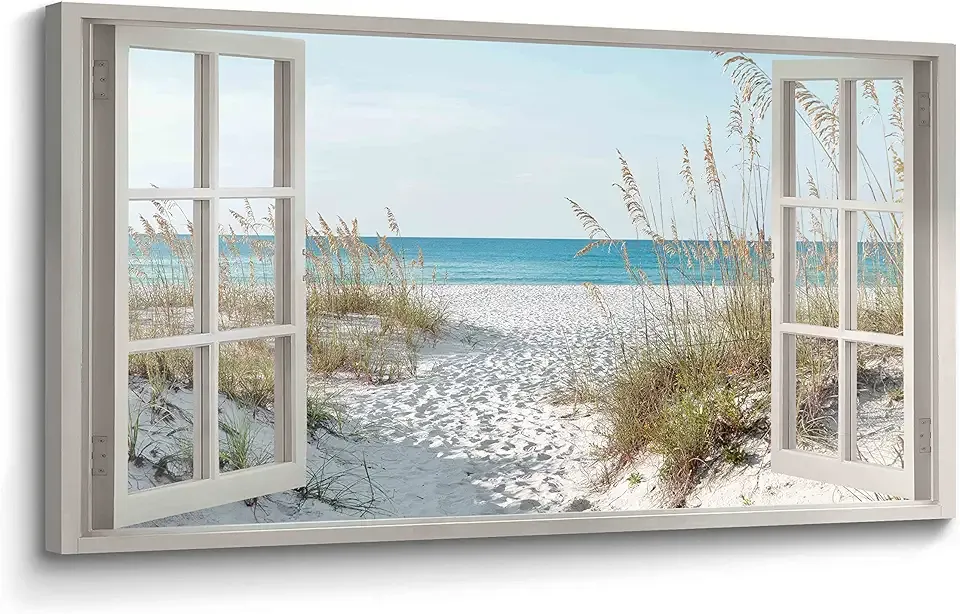 Window Beach Wall Art Prints: Modern Large Tropical Coastal Landscape Canvas Bedroom Blue Ocean Picture Relaxing Living Room Sea Scene Painting Horizontal Summer Seascape Artwork Decor