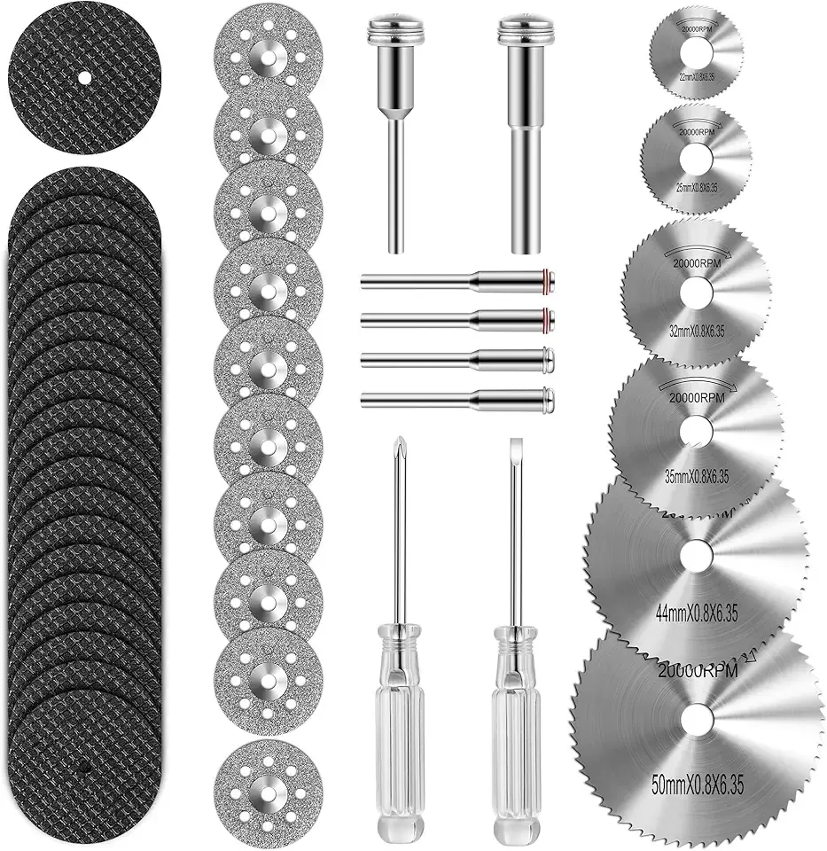 44pcs Cutting Wheel Set Compatible with Plastic for Rotary Tool, HSS Circular Saw Blades 6pcs, Resin Cutting Discs 20pcs, 545 Diamond Cutting Wheels 10psc with 2 Screwdrivers