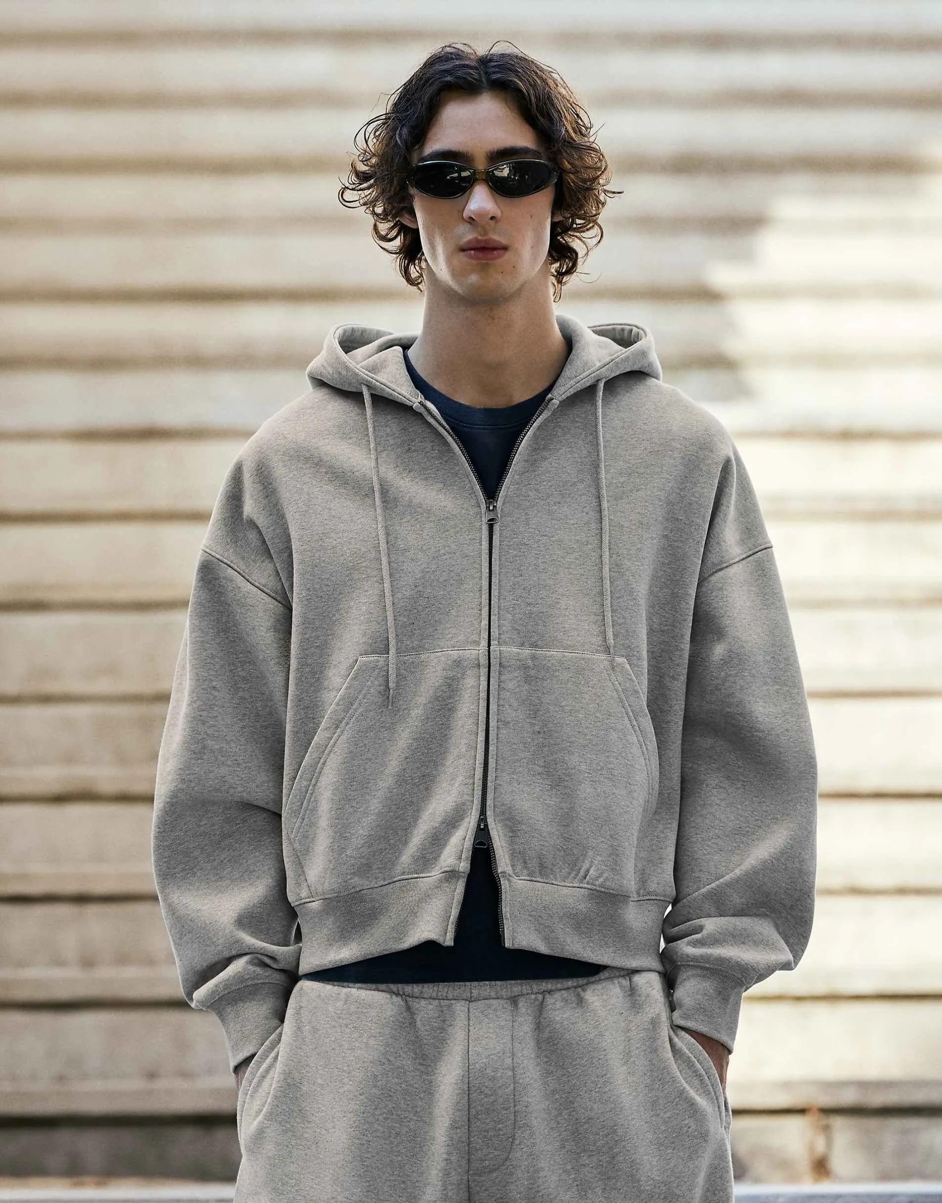 Bershka Boxy zip-up hoodie in light grey