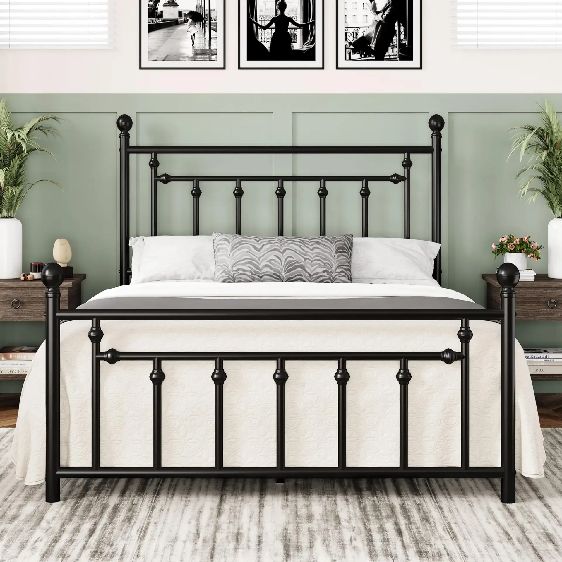 Allewie 14 Inch Queen Size Metal Platform Bed Frame with Victorian Vintage Headboard and Footboard/Mattress Foundation/Under Bed Storage/No Box Spring Needed/Easy Assembly/Noise Free/Black